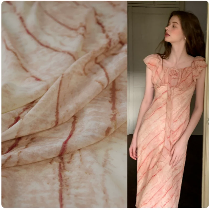 Artistic Bean Paste Color Smudge Stripe Print Chiffon Fabric For Spring Summer Dress Goan Shirt, T2475