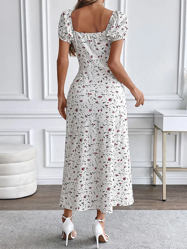 Summer Women's Dresses New Fashion Print Short Sleeve Split Casual Slim Dress Club Party Elegant Lady Hollow Out Dress Clothing