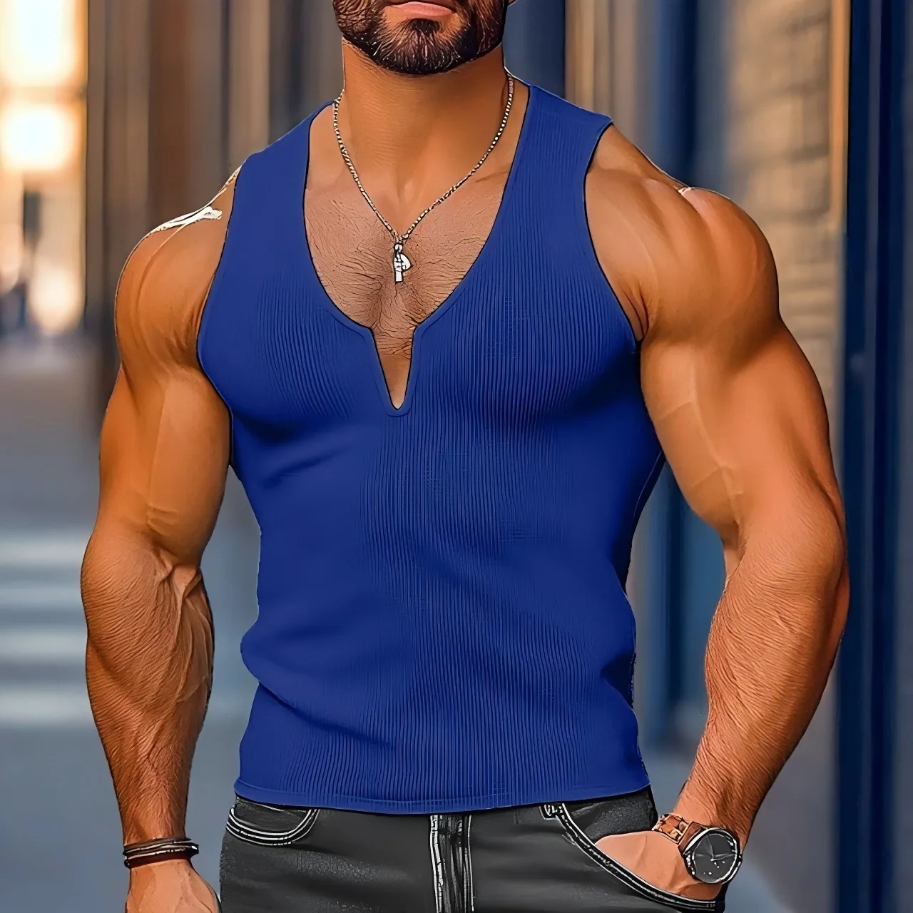 Camisetas sin mangas de punto tipo gofre para hombre, camiseta interior deportiva transpirable de Color sólido sin mangas con cuello de pico Sexy, chaleco para correr y gimnasio de verano