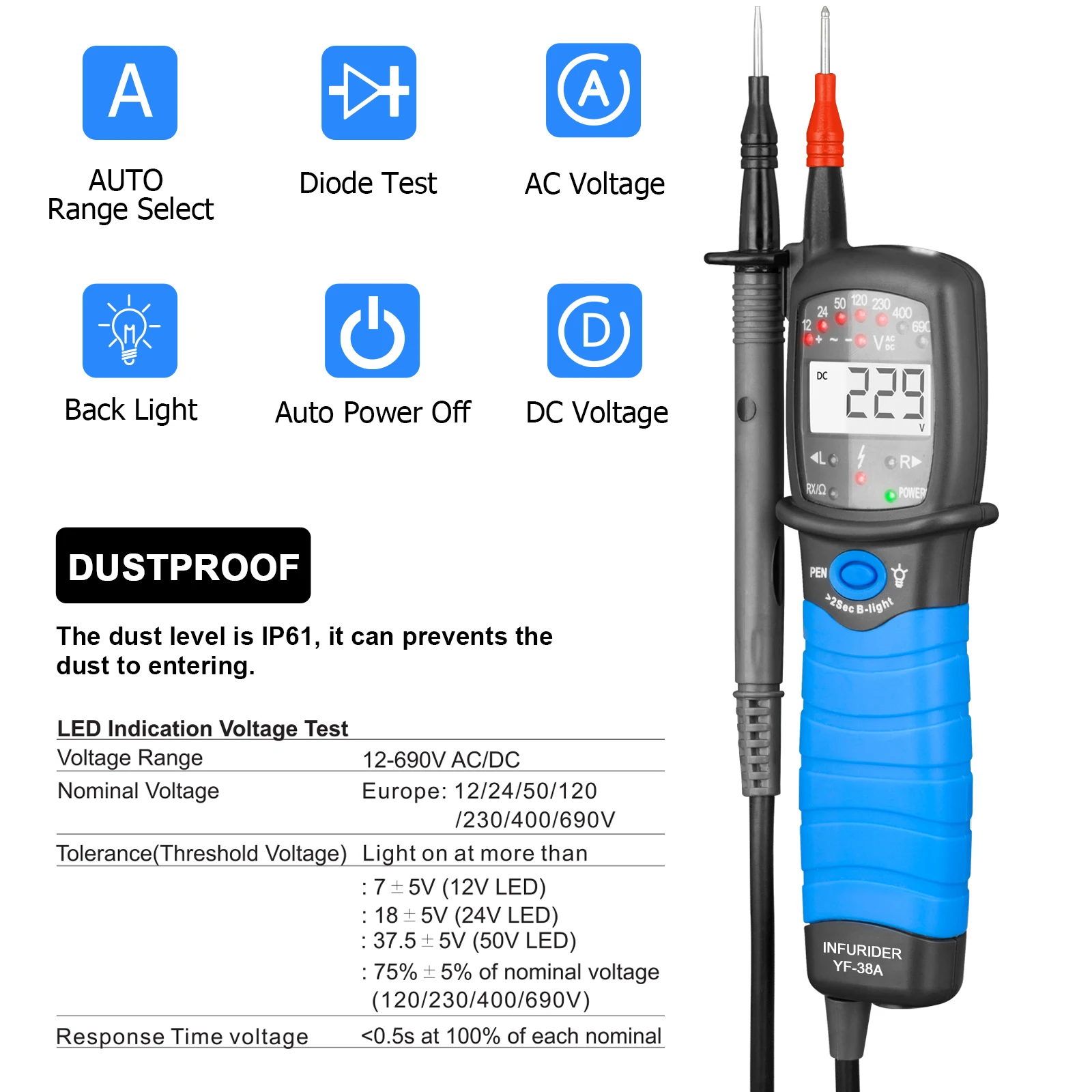 AC/DC Voltage Tester 12-690V LED/LCD Display, Continuity Test, CAT III 690V CAT IV 600V, Phase Rotation, Auto Power Off