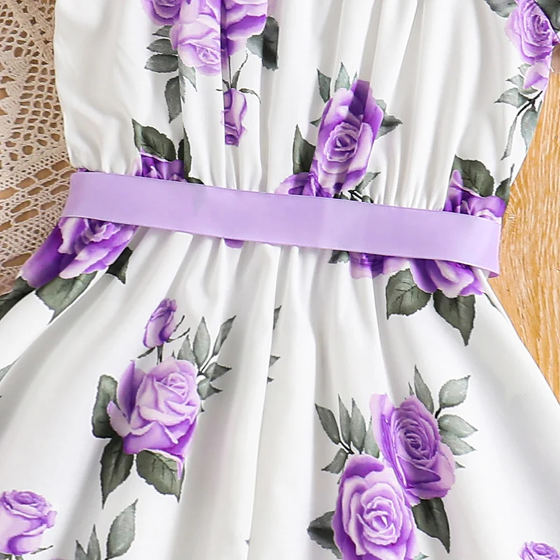 Kids Dress For Girls 8-12 Years Summer Purple Print Halter Dress Korean Elegant Fashion Graduation Birthday Party Girls Dress