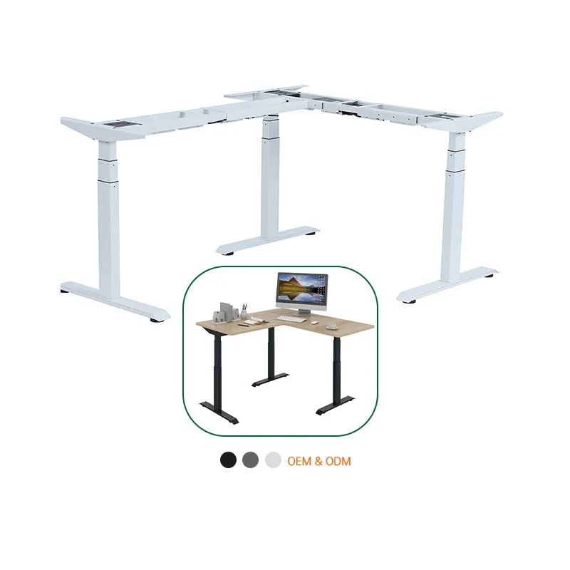 Three motors legs height adjustable office l-shape electric sit stand standing desk for work home