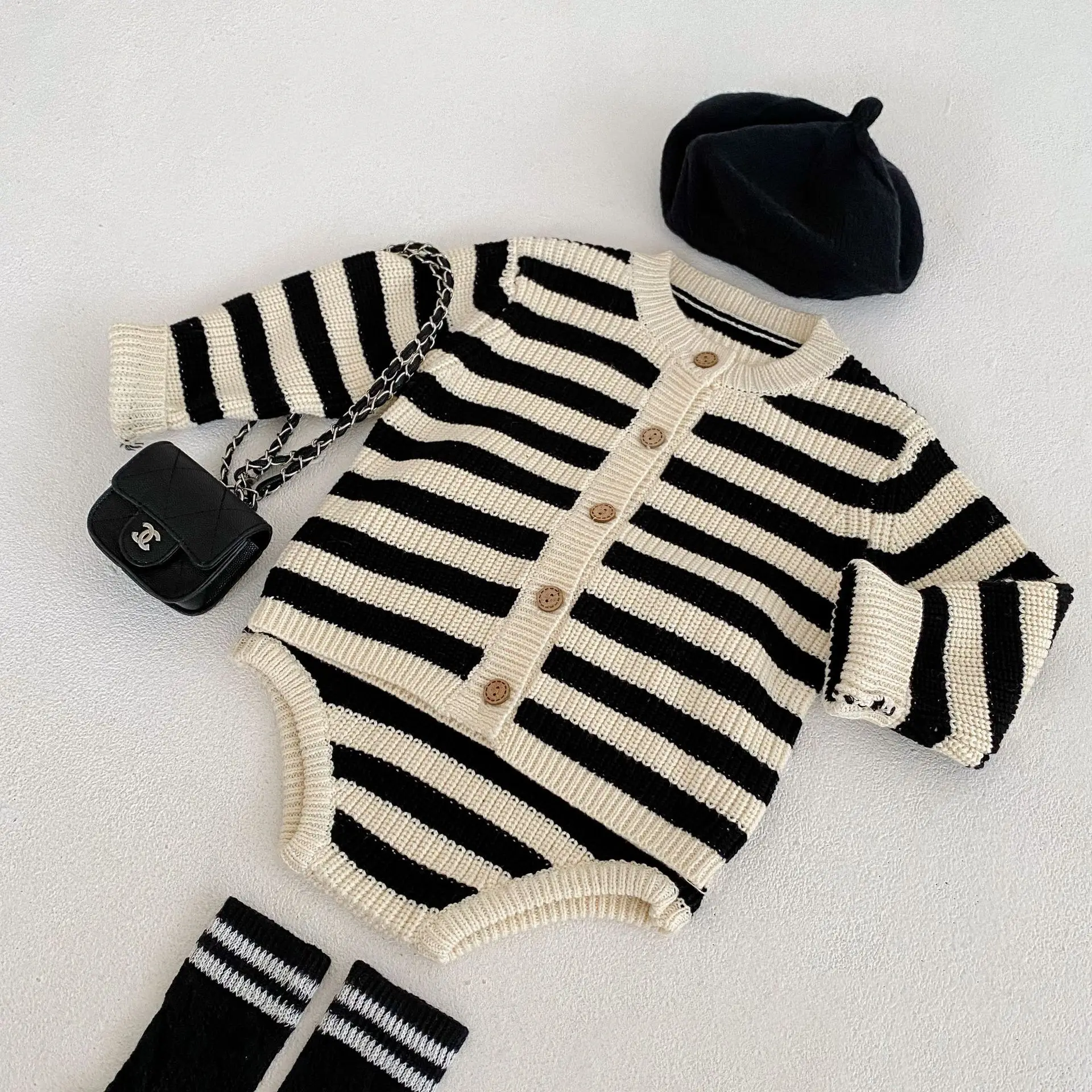 2022 baby girl clothes sweater knitwear two piece set baby boyset striped spring and Autumn New