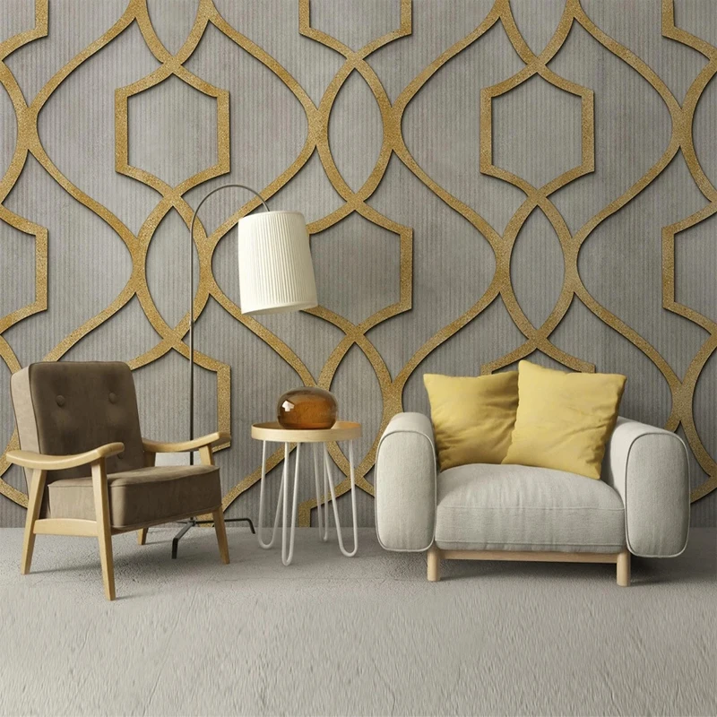 3D Relief Wallpaper for Wall Retro Chinese Style Abstract Geometric Golden Lines Mural Paper for Bedroom Living Room Home Decor