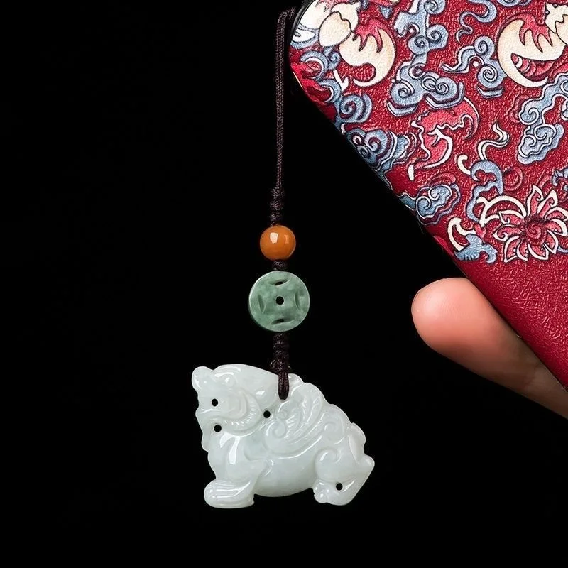 Jia Le/ Natural Jade Kirin Unicorn Necklace Mobile Phone Pendant Fashion Men and Women Accessories Amulet Gift Sent Certificate