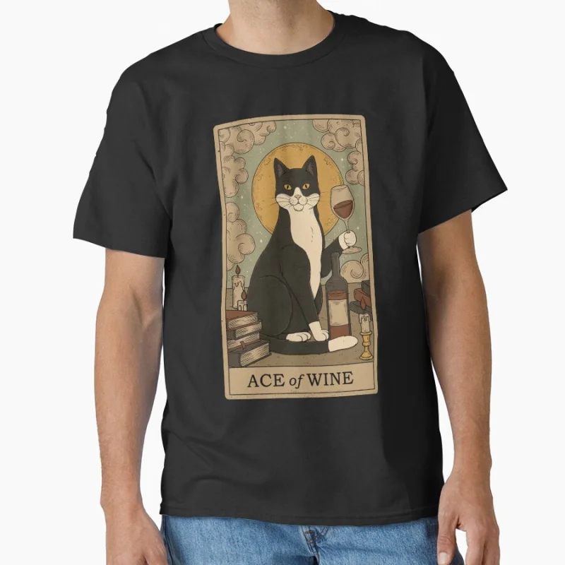 

Ace of Wine Vinage Tarot Card Cat Funny magical cats cute pet Gift T shirt for men large size Adult Tops S-6XL mens clothing