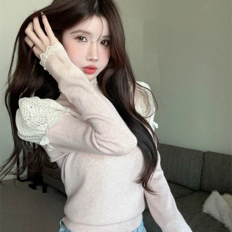 Design sensação renda orelha de madeira f gola alta camere fino ajuste camisola de malha 2025 outono inverno feminino capa base faion