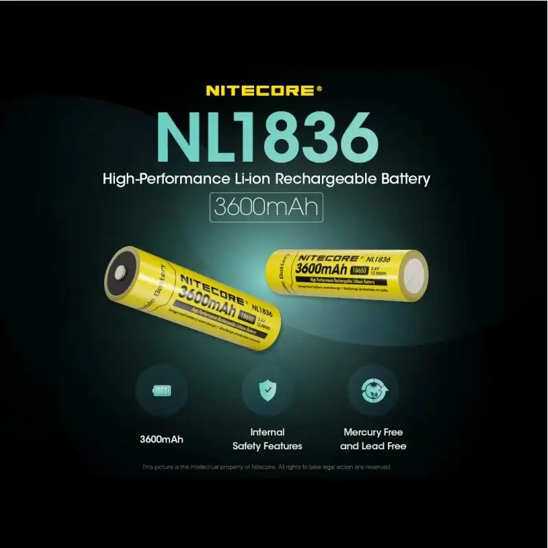 Nitecore NL1836 18650 3500mAh 3.6V 12.96Wh Rechargeable Li-on Battery with Circuit protection For Nitecore Flashlight Headlamp