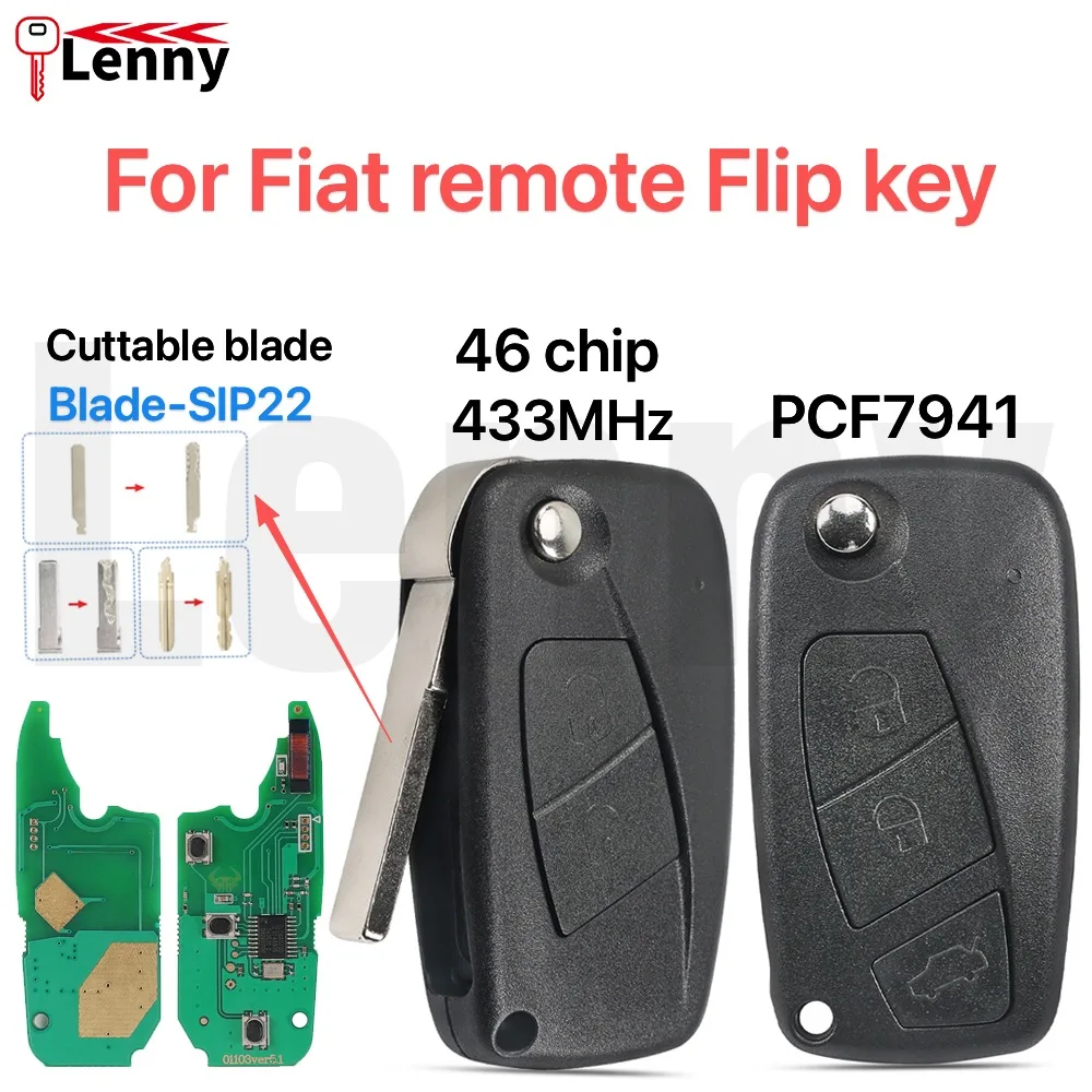 Lenny For fiat Panda  car remote flip key 2-3button 2003-2012 blade-SIP22 cutable blade 433MHz 46chip PCF7941