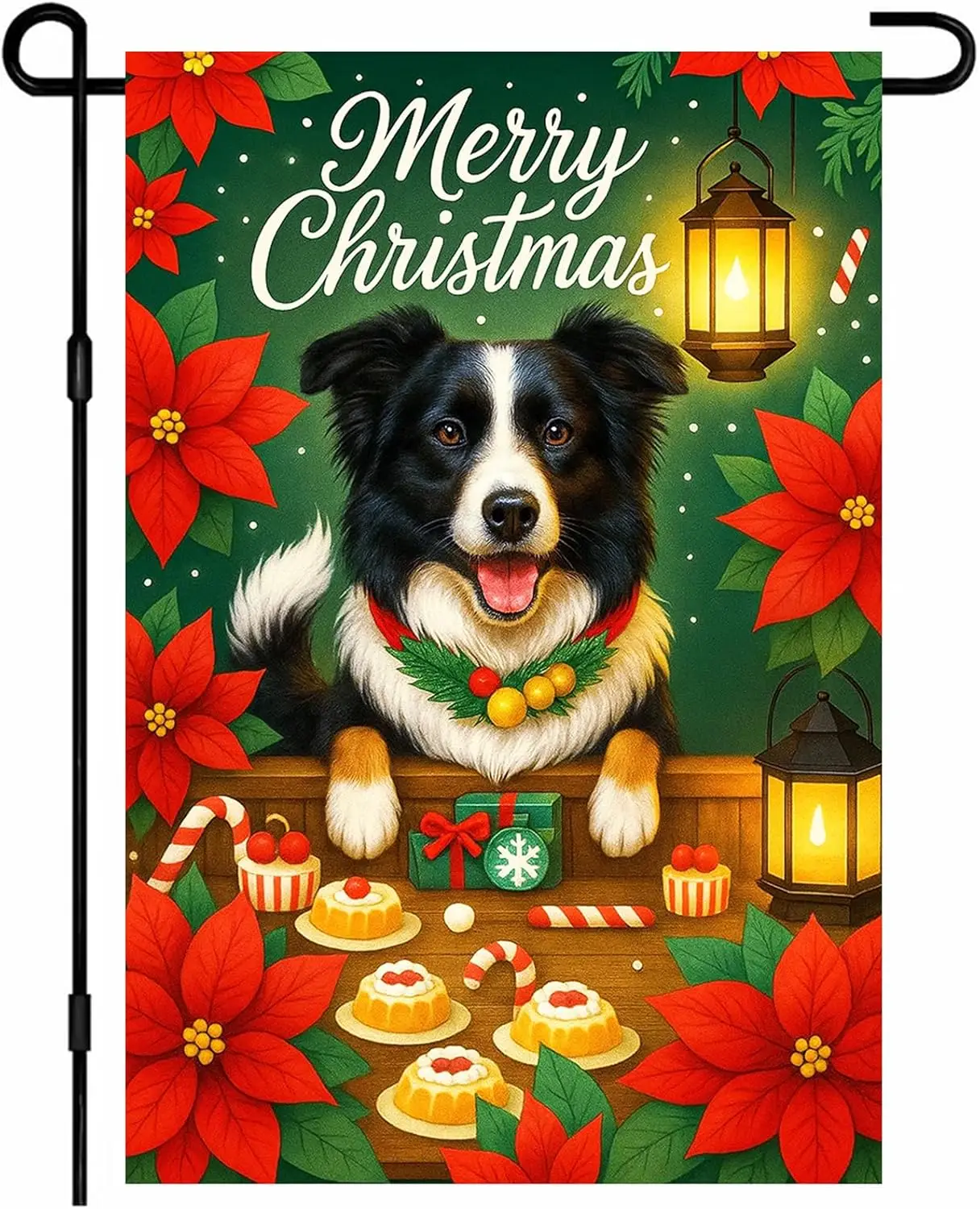 Christmas Garden Flag Border Collie Dog With Cookies Gifts And Lanterns Surrounded By Red Poinsettias 12x18 Inch