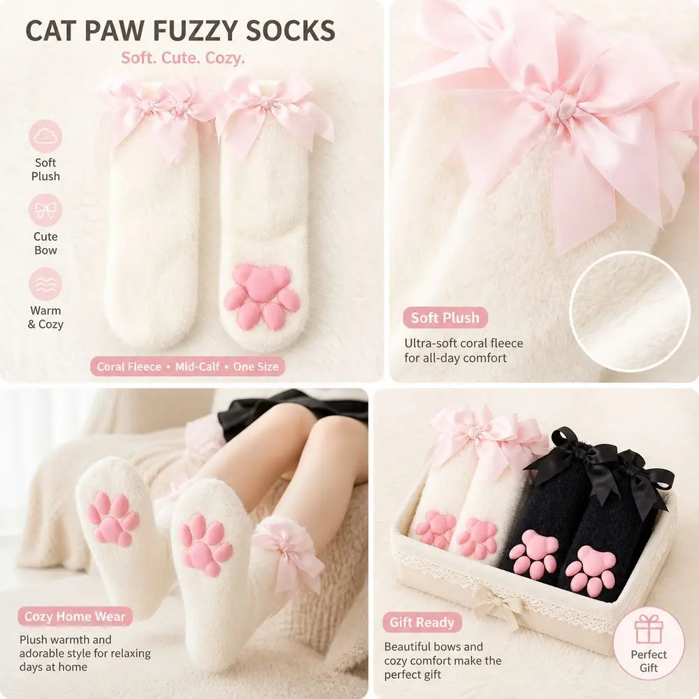 Raised Paw Pads Paw Socks Soft Fuzzy Texture Finish Animal Paw Socks Ribbon Bow Trim Warm Cat Paw Socks Home Wear
