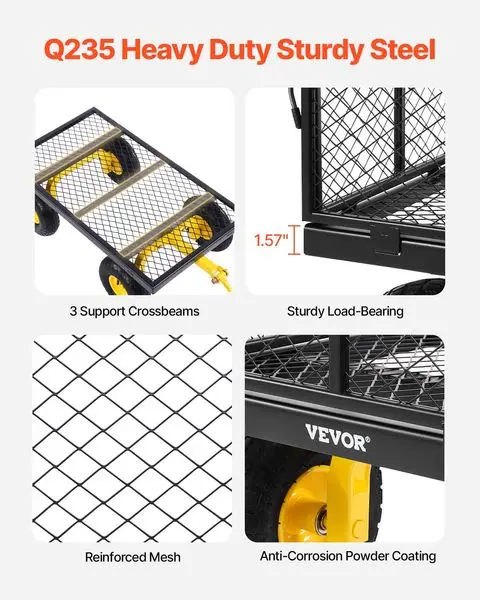 عربة حديقة فولاذية شديدة التحمل بوزن 900 رطل من VEVOR، عربة عربة حديقة على عجلات، عربات أدوات معدنية خارجية مع إطارات مقاس 10 بوصات أ
