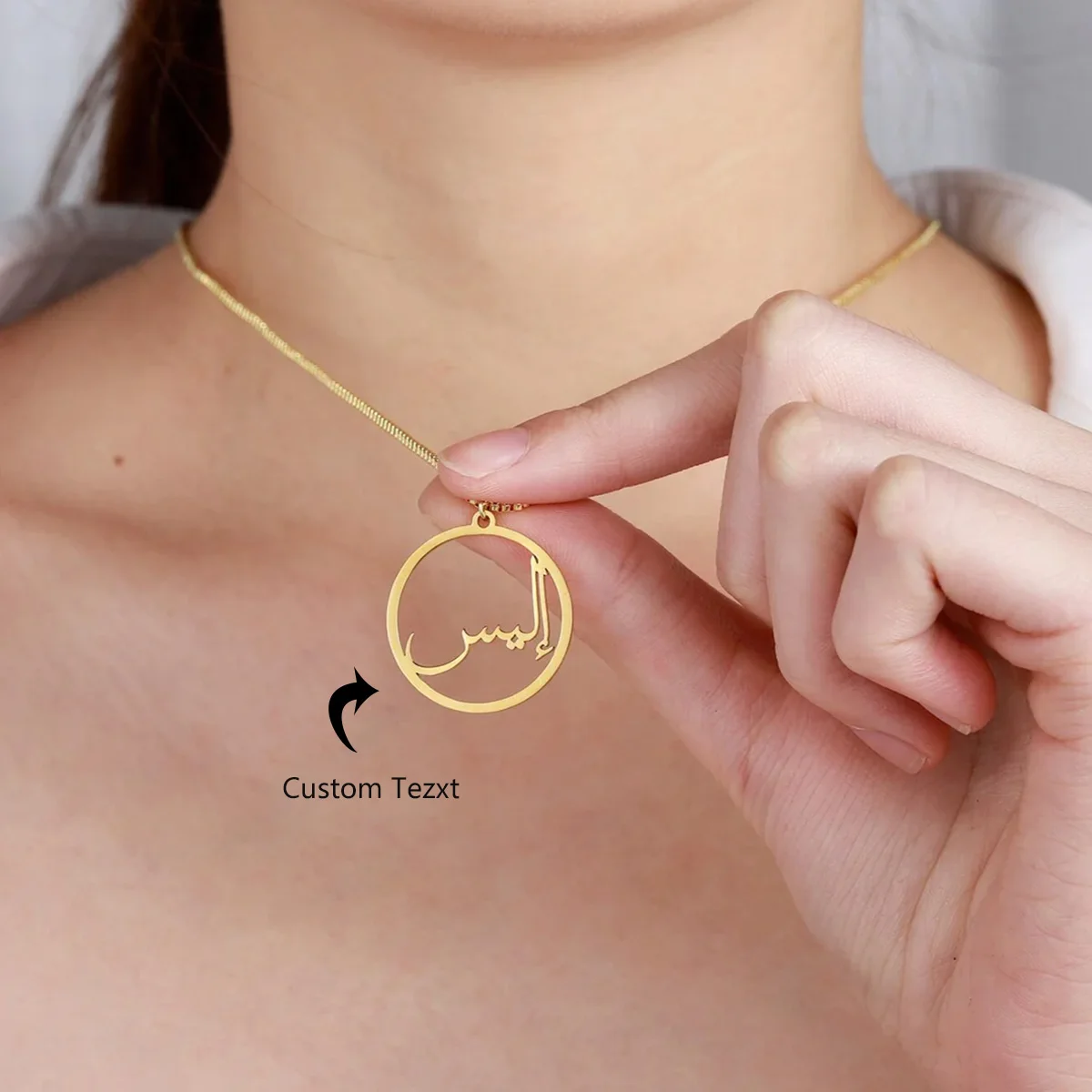 Customized Arabic Name Necklace Women Personalized Arabic Round Pendants Choker Name Necklaces Stainless Steel Statement Jewelry