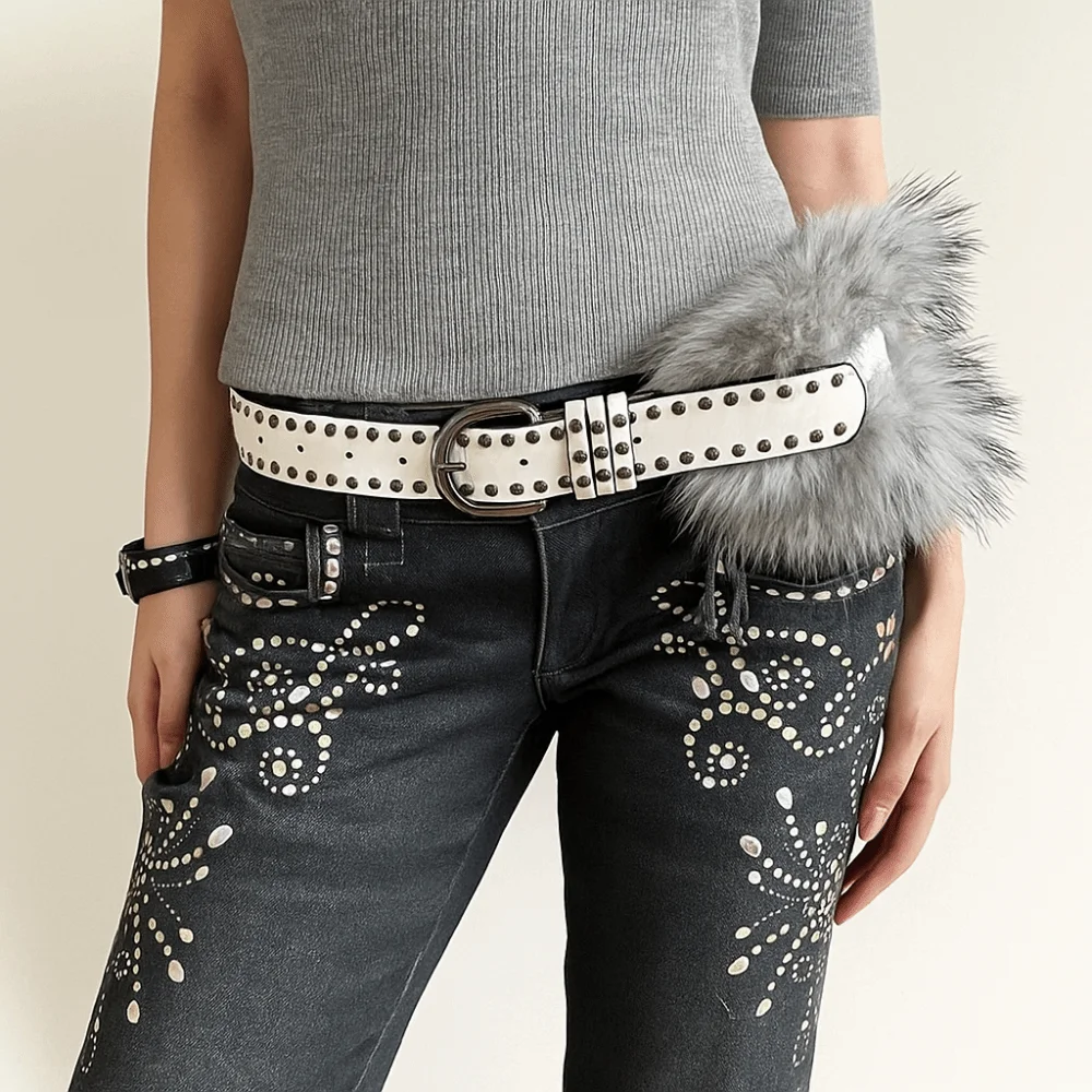 

Vintage Rivet Leather Fur Belt Western Style Punk Y2K Waistband Retro Versatile Plush Belt Daily