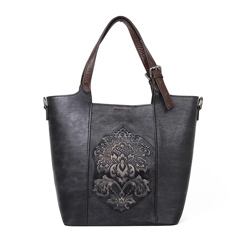 

GAGACIA Genuine Leather Women Composite Tote Bag Handmade Embossed Ladies Bucket Bags Vintage Large Capacity Female Handbags New