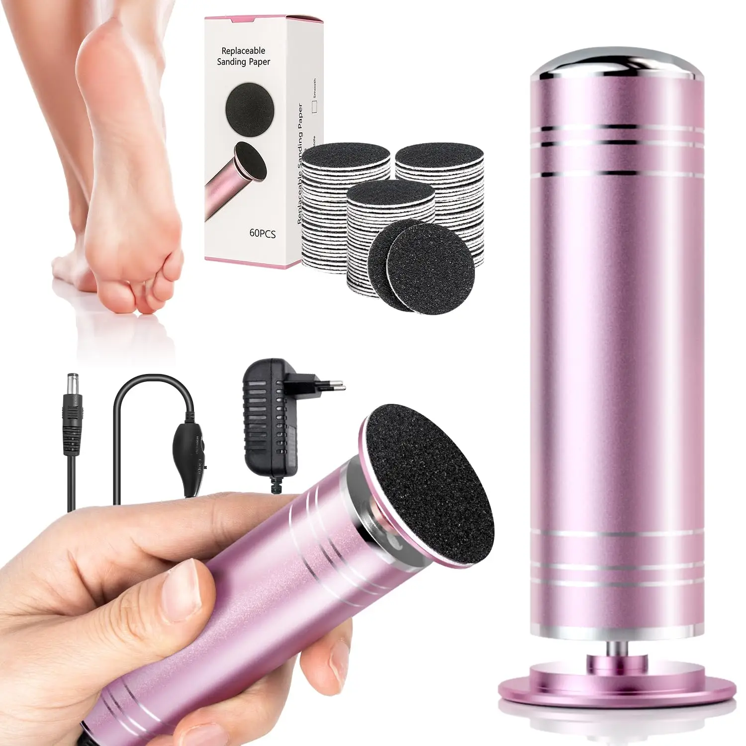 Electric Foot Grinder Electric Callus Remover Speed Controller Foot File Pedicure Tool with 60 Replacement Sandpaper Discs for