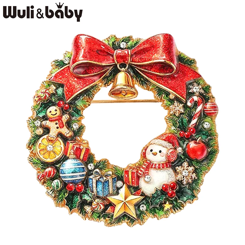 Wuli&baby Weihnachtskranz-Broschen für Frauen Unisex 2-farbig Niedlicher Schneemann Schleife Blumen Kreis-Broschen Neujahrsgeschenke