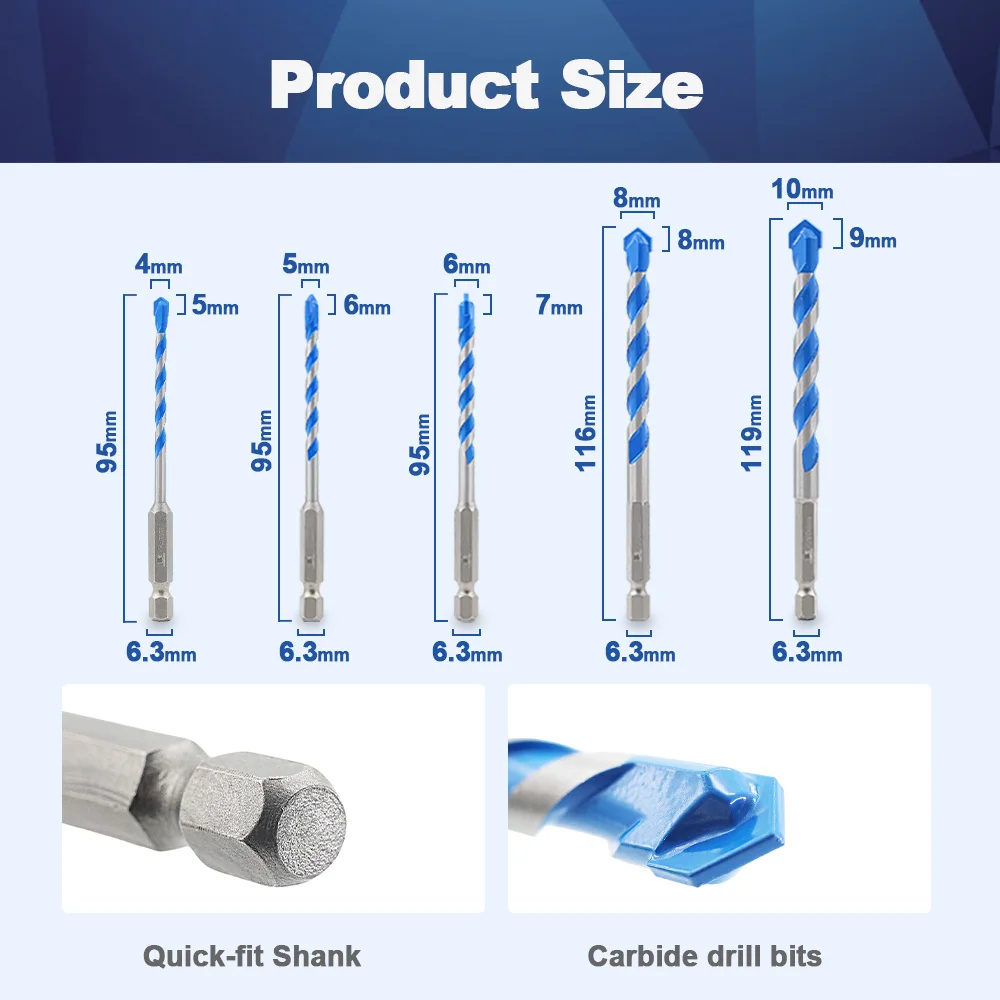 BRSCHNITT Quick Fit-shank Spiral Tungsten Kingpin Drill Bit for Brick Concrete Wood Ceramic Marble Glass Spiral Groove Drill Bit