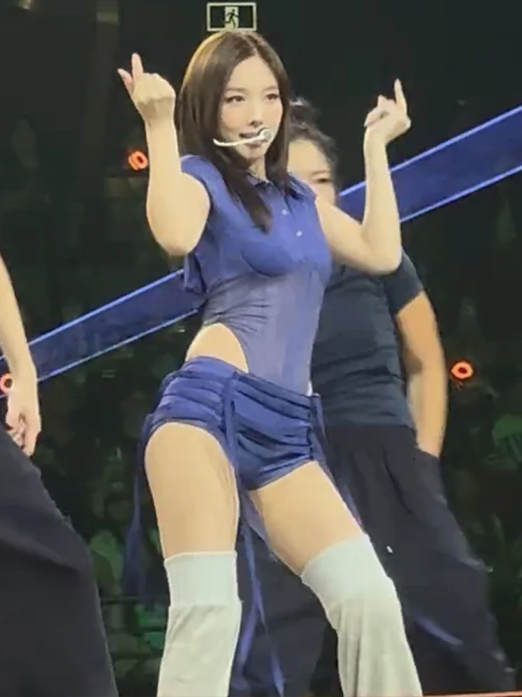 SIsterlinda Trend Sexy Ruched 2 Piece Set Women Button Polo-Neck Mesh Patchwork Bodysuits+Ribbon Short Music Festival Party Suit