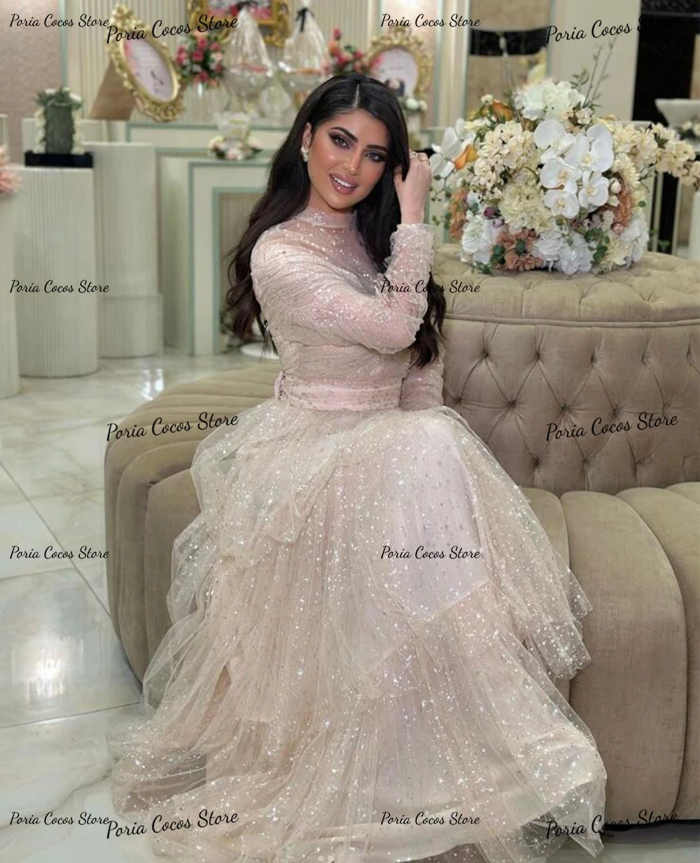 Customized Sparkly Stylish Long Sleeve A-line Prom Gown Illusion Round Neck Sequins Middle Eastern Style Evening Dress Vestido D