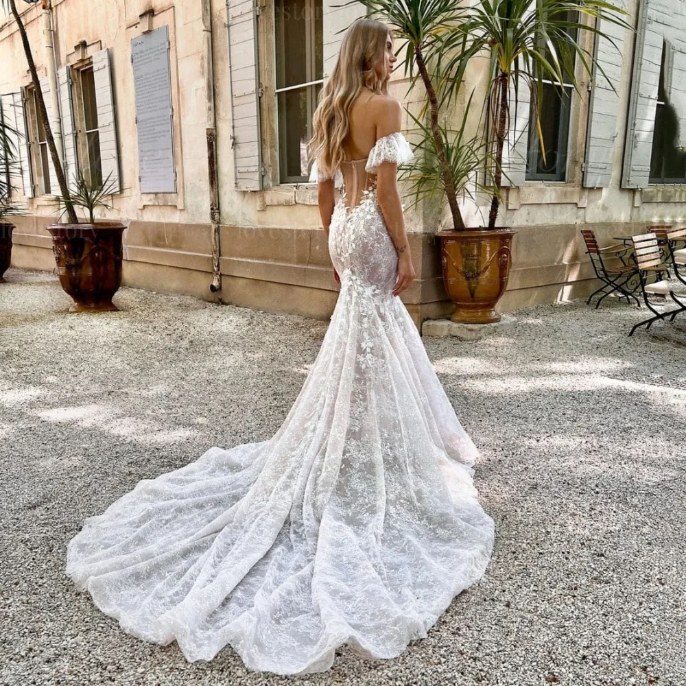 ชุดแต่งงานโบโฮลูกไม้แบบสั่งตัด ชุดเจ้าสาวทรงเมอร์เมดเปิดไหล่ ดีไซน์ซีทรูแบบหวาน ชุดเจ้าสาว vestido de novia