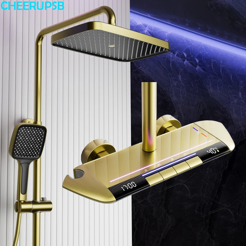 

Atmosphere Bath Shower Mixer Faucet Bathroom LED Digital Hot Cold Thermostatic Shower System Bathtub Brush Gold Rain Shower Set