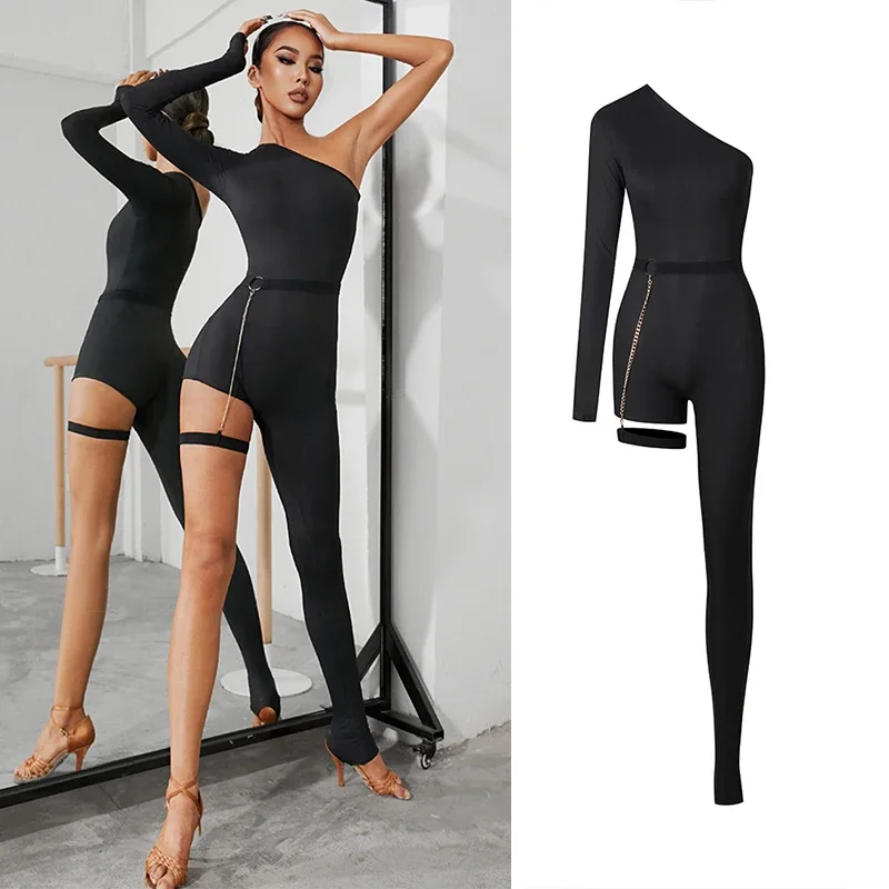 Ropa de baile de Rumba y Salsa para mujer, pantalones de baile latino negros, Sexy, hombro inclinado, diseño de pierna de una manga, mono de baile latino