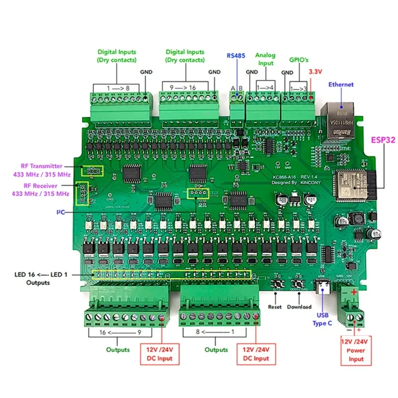 A16 ESP32 ESPHome Relay Baord Support Ethernet WiFi I2C RF 433Mhz RS485 Temperature Humidity Tasmota Arduino IDE