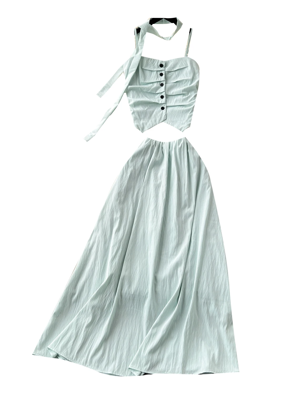 

Summer Vaion Pure Desire Women's High Waist ter Top + Buttoned Skirt Set Design Sense Heart Tri Pleated Waist in