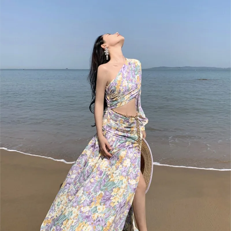 Seaside Holiday Floral Dress Women's Beautiful Irregular Beach Long