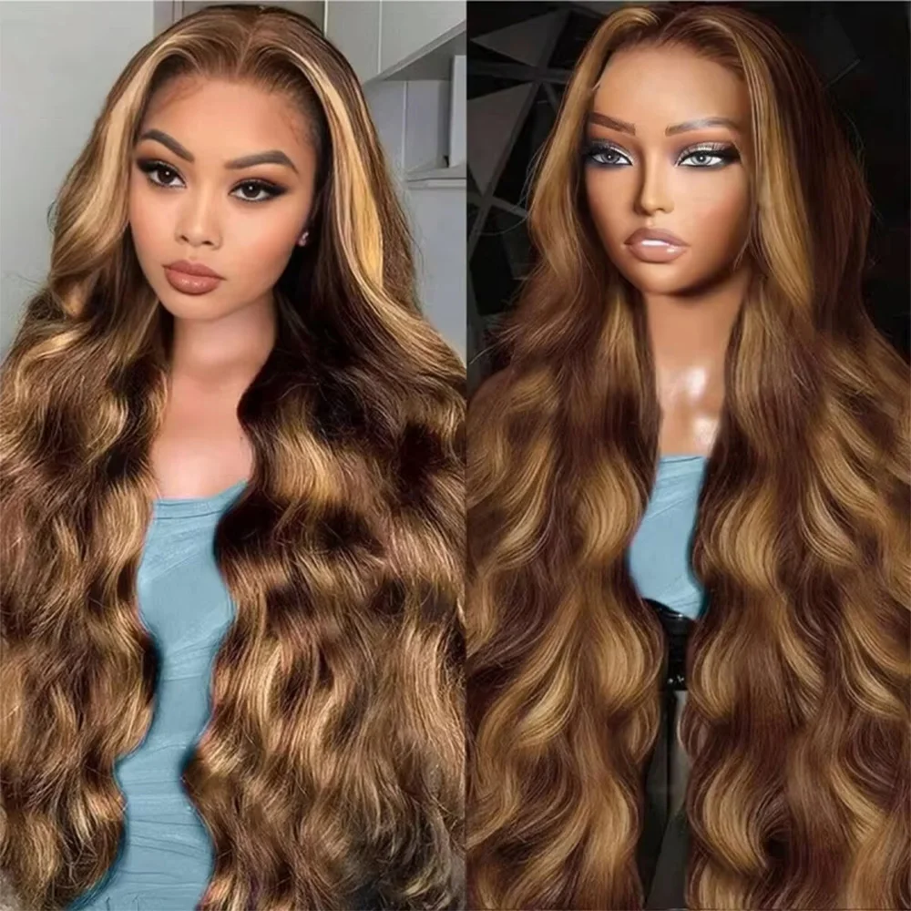 

40 Inch Highlight 13x6 HD Lace Front Wig 100% Human Hair Body Wave Wig 220 Density P4/27 Colored 13x4 Transparent Lace Front Wig