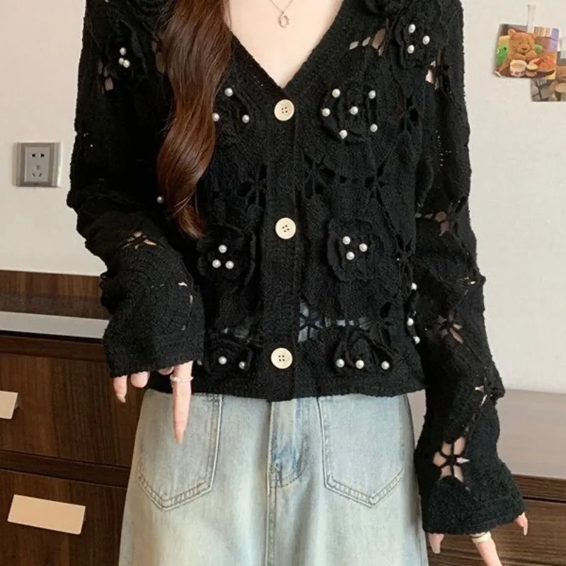 

Japanese Liz Style Kawaii Knitted Women Pink Cardigan Sweet Lolita Hollow Lace Flower Loose Sweater Y2k Cardigan Crop Tops