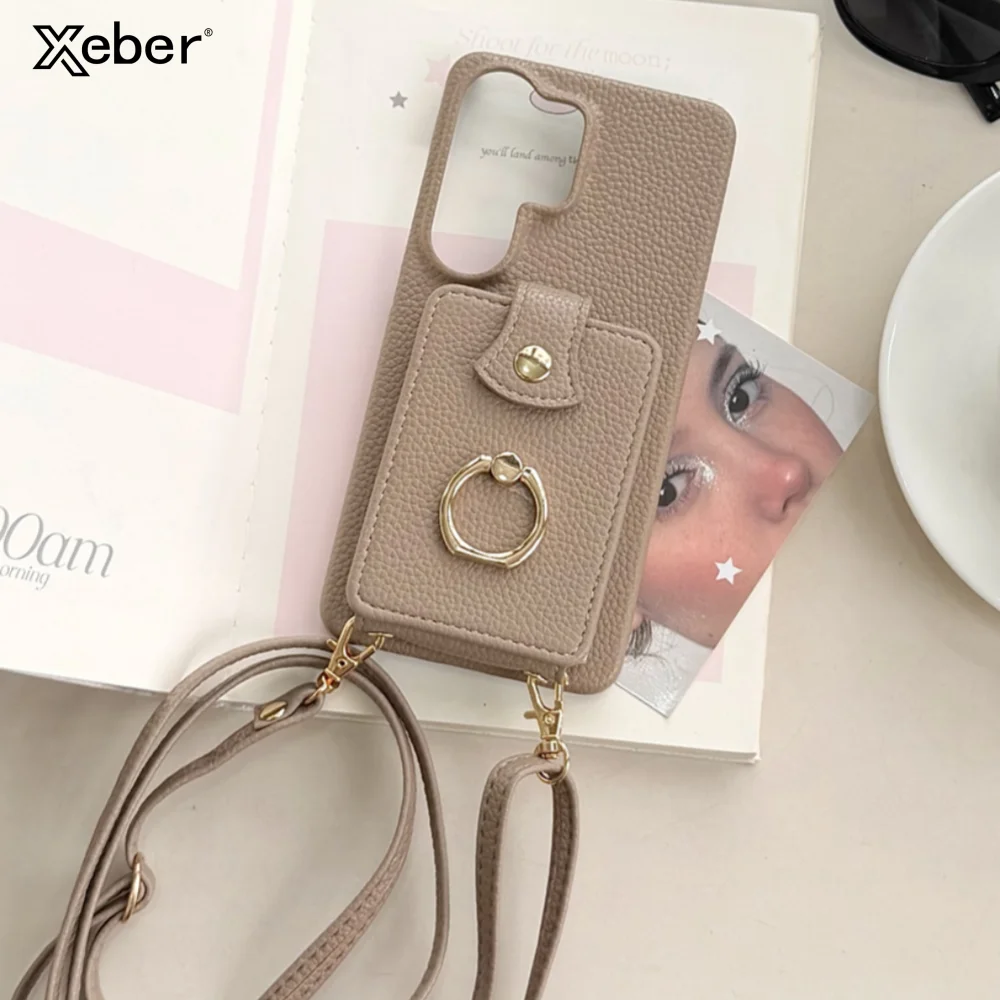 Crossbody Lanyard Ring Card Slots Case For Samsung Galaxy S26 Ultra S25 S24 S23 S22 Plus S24 FE S25 Edge PU Leather Hard Cover