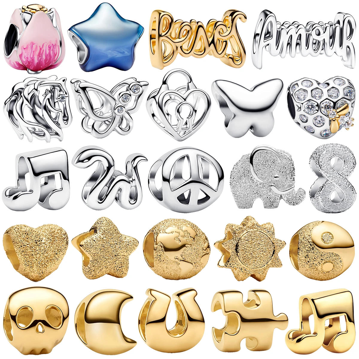 

Бусины из полированного металла с эмалевой инкрустацией из серебра 925 пробы, синие, в форме тюльпана, с блестками, с символом мира, подвески Besos Amour, подходят для браслетов DIY, ювелирные изделия высокого качества