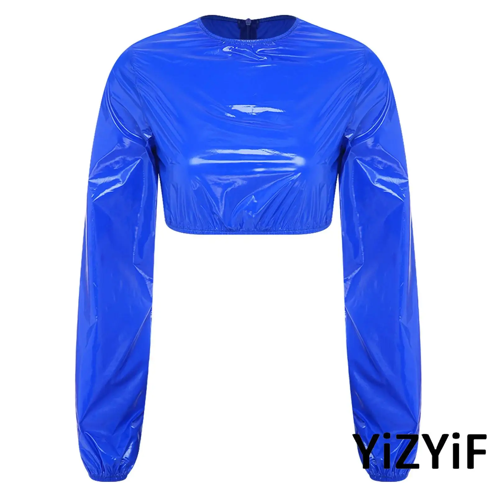 Chic Women Glossy Waterproof Crop Top Long Sleeve Crew Neck Back Zipper Nightwear T-Shirt for Rave Disco Party Clubwear