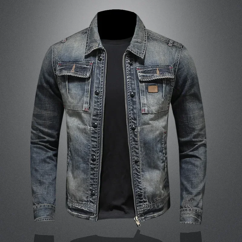 Jaket denim pria, kualitas tinggi kerah jaket denim sepeda motor pria jaket denim ritsleting retro