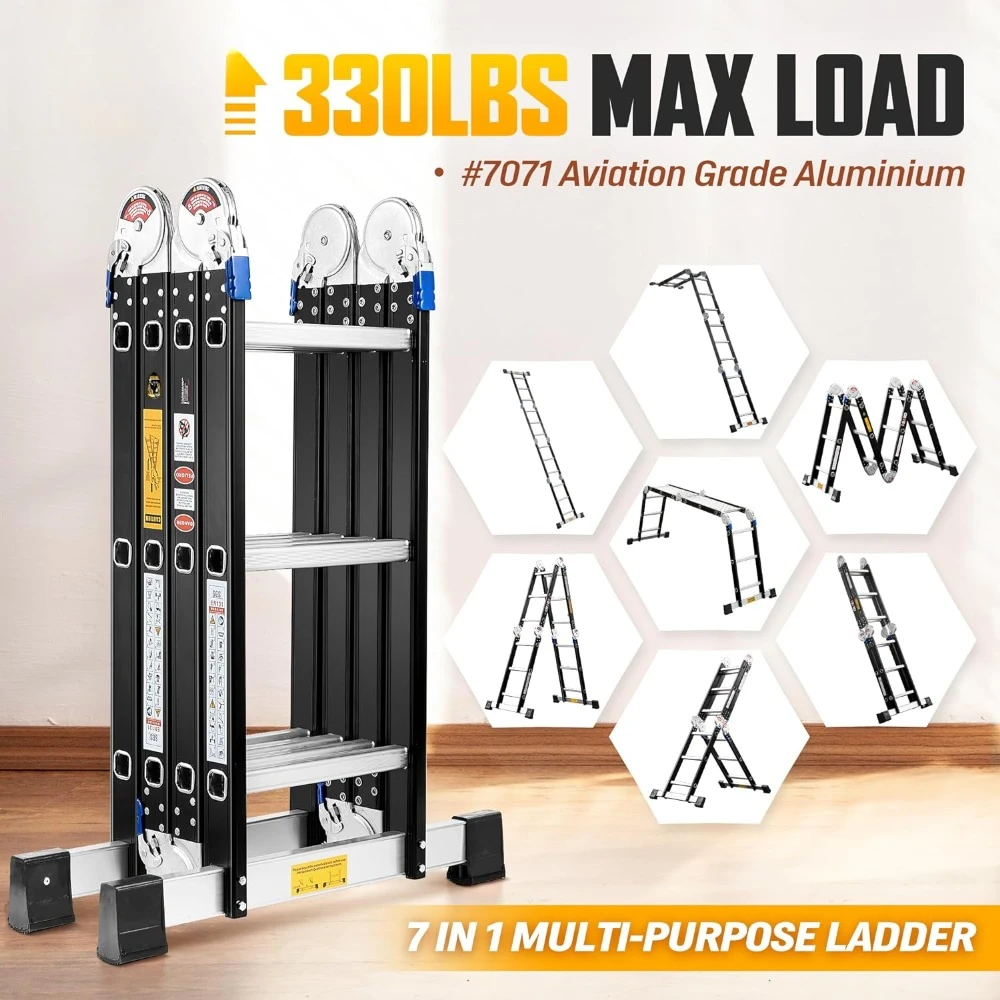 Ladder, 7 in 1 Multi-Purpose Ladder Aluminium Extension Ladder 12Ft Folding Adjustable Telescoping Step Ladder Heavy Duty