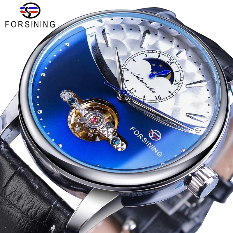 Official brand of free shippingWaterproof Tourbillon 's Automatic Mechanical Men's Watch Sun and Moon Display Lea