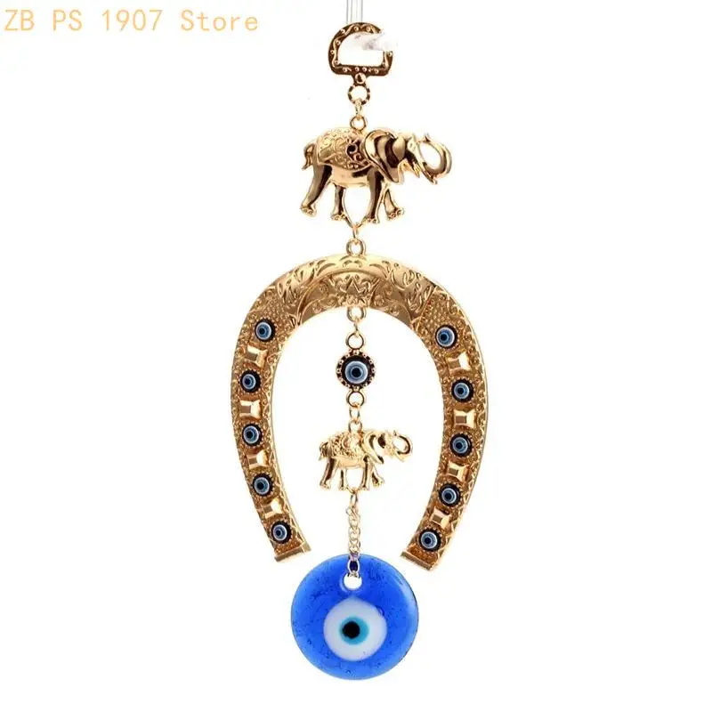 Turkish Blue Eye Horseshoe with Elephant Ribbon Ethnic Wall Hanging Lucky Pendants Wind Chimes Home Car Decorations 55KA