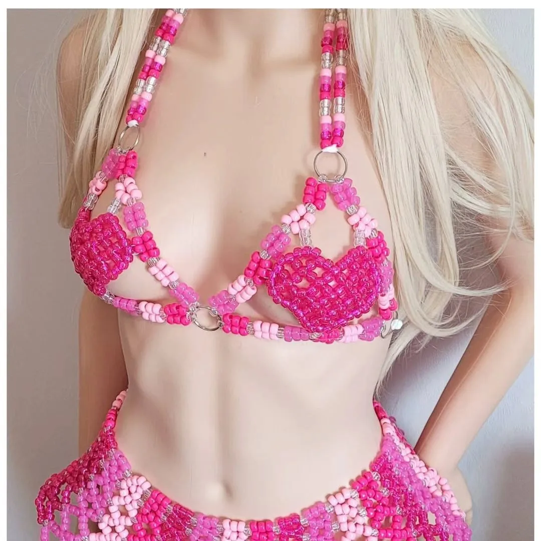 

New Pink Heart Beaded Body Chain European-Style Girlish Bra Chain Fashionable And Unique Necklace Set With Cutout Layering