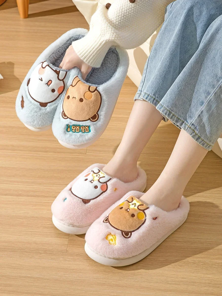 New Kawaii Panda Dudu And Bubu Katon Cute Plush Cotton Slippers Men's And Women's Winter Couple Furry Winter Home Cotton Drag