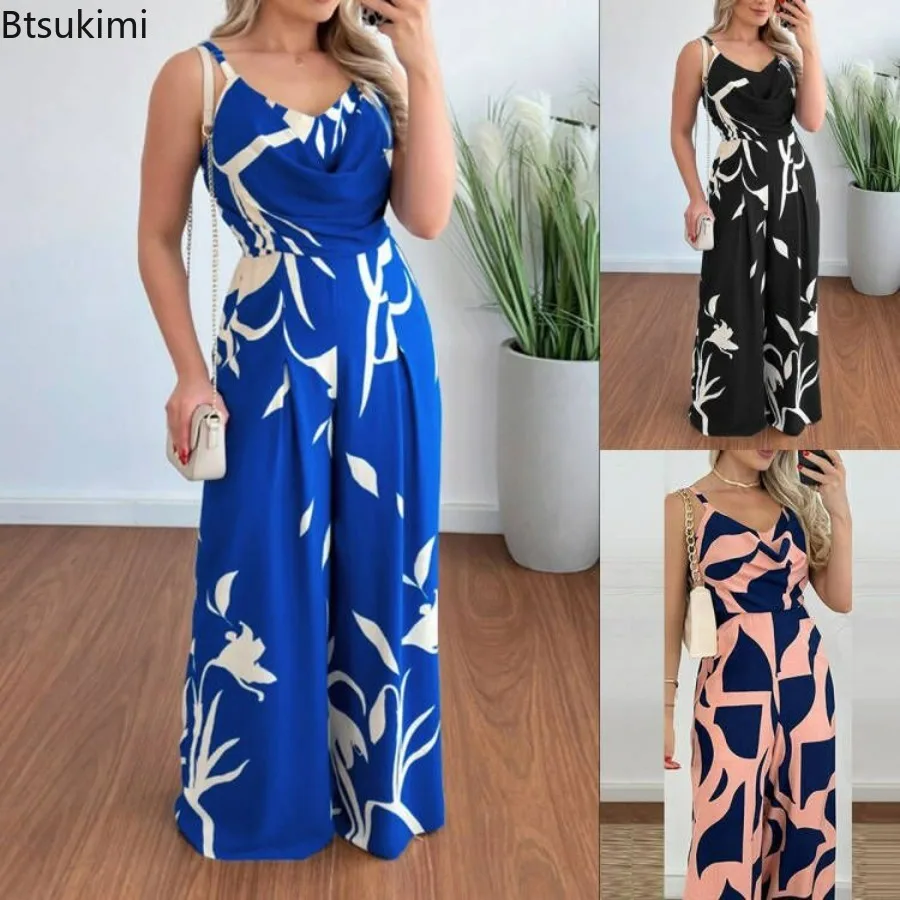 

2024 Women's Summer Fashion Print Jumpsuit Temperament Commuting Elegant Overalls Sleeveless V-neck Open Back Wide Leg Jumpsuits