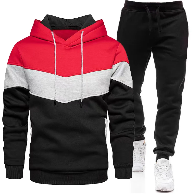 Men\'s Tracksuit Casual Jogging Suit Outdoor Set Hoodies + Black Sweatpant 2pcs Fashion Warm contrasting colors Sportswear