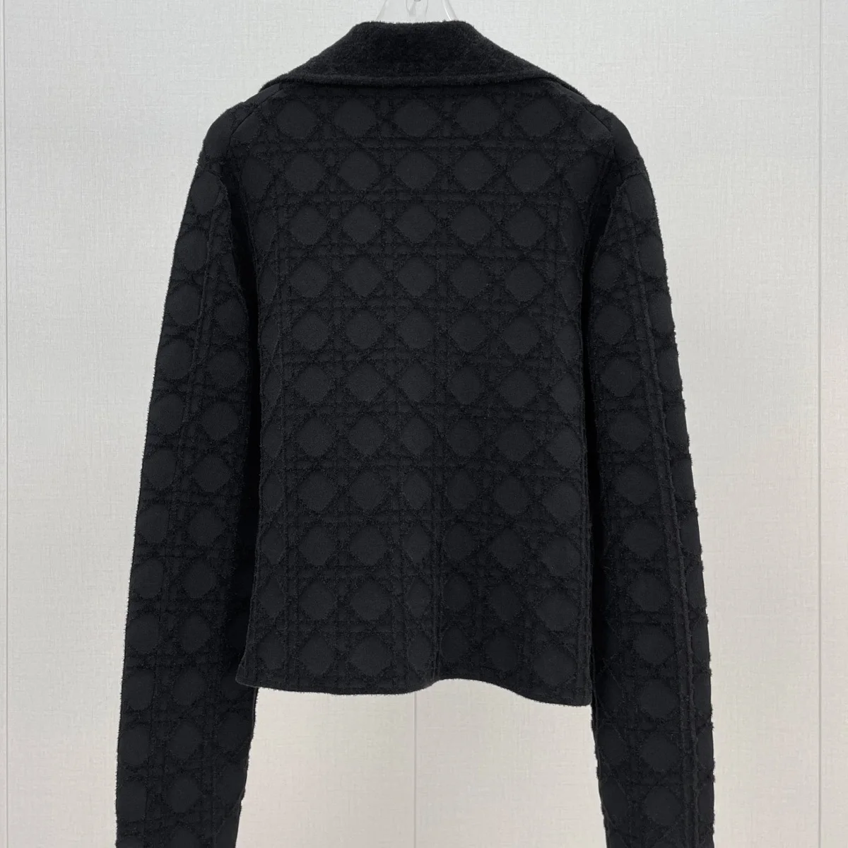 High Quality Women Black Notched Lapel Short Coat, Diamond Jacquard Texture Double Breasted Long Sleeve Jacket lyt134312