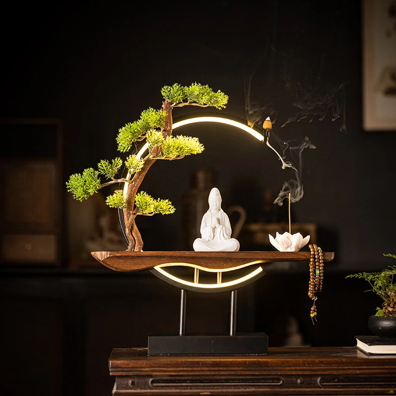 New Chinese-Style Guanyin Ceramic Ornament With Hands Clasped, Simulated Pine Needles, LED Light Ring For Home Desktop Decoratio