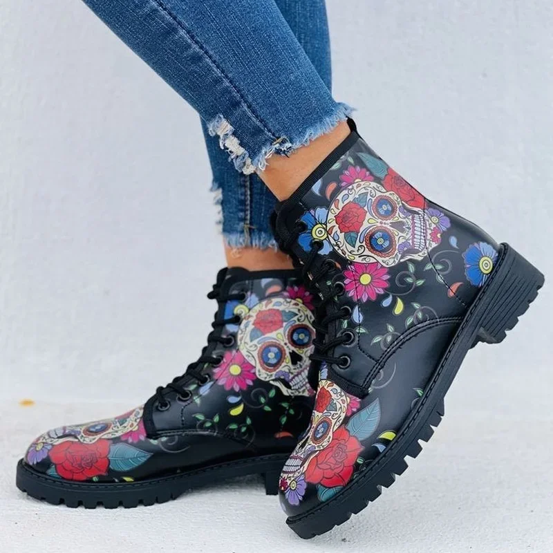 Digital Print Autumn Lady High Top Skull Pattern Boot 2022 British PU Women\'s Fashion Tooling Boots Outfdoor Woman Ankle Booties