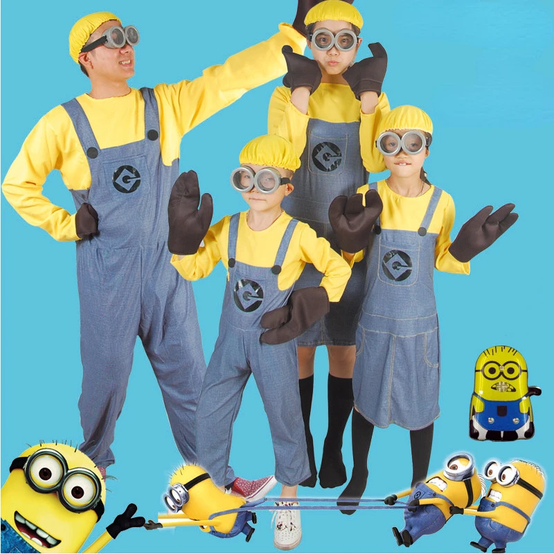 Anime Minion volle Familie Cosplay Kostüm Junge Mädchen Kleid Overalls Kinder Erwachsene Maskerade verachtens wert mich Karneval Party verkleiden