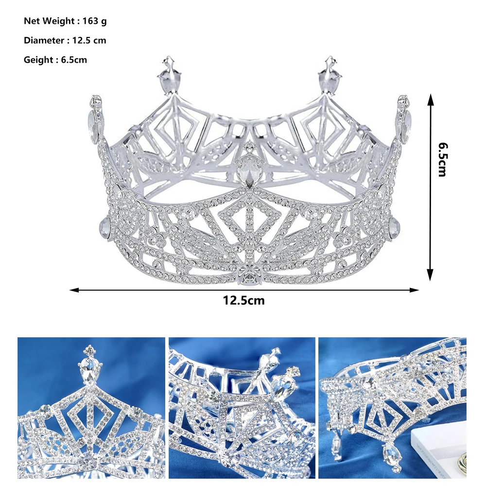 Fashion bride crown wedding headdress princess European and American full ring round retro princess rhinestone large crown crown