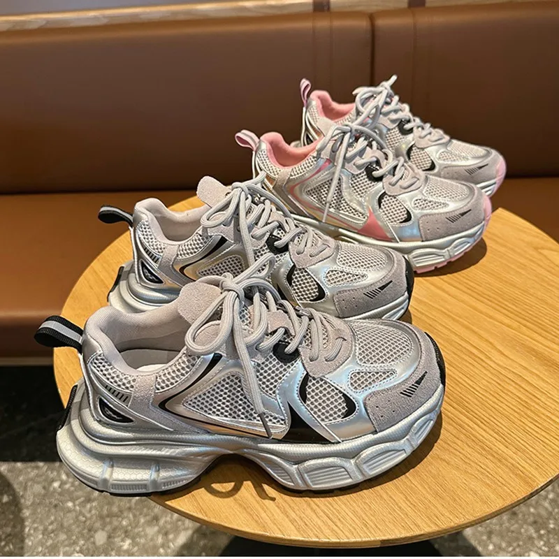 

Dad Shoes Women's 2024 Spring New Leather Thick Bottom Round Head Mesh Casual Shoes Silver Contrast Round Head Sports Shoes