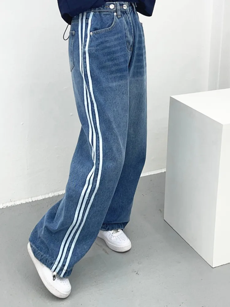 2023 Korean Y2K Fashion Wahsed Blue Stripe Baggy Jeans Pants For Women Clothes Straight Wide Leg Lady Luxury Goth Denim Trousers